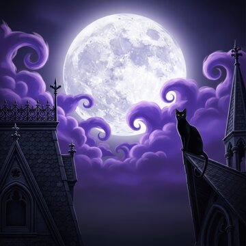 Ceremonial black cat perched on gothic rooftops under a luminous full moon and swirling purple clouds