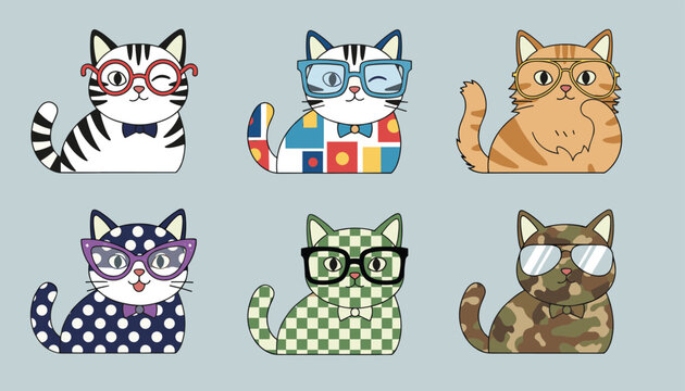 Six humorous cats wearing stylish glasses and patterned shirts with polka dots, camo, plaid and abstract prints.