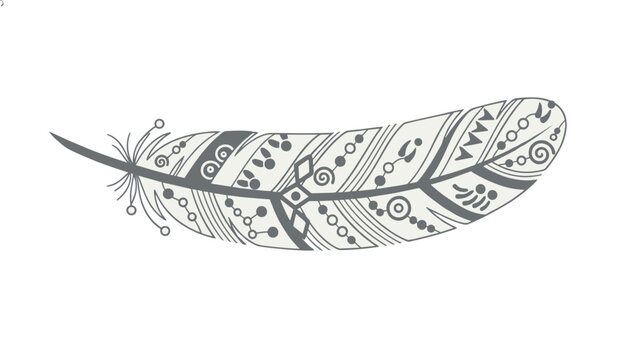 Detailed grey feather decorated with beautiful bohemian tribal patterns, swirls, and dots, isolated on white.