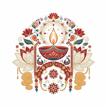 Diya oil lamp design featuring ornate lotus patterns peacock motifs and gold coin accents.