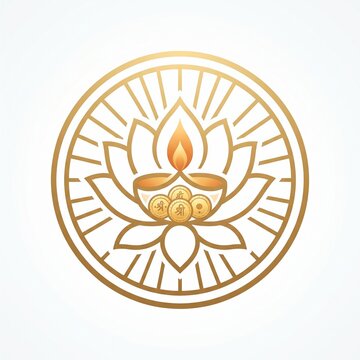 Minimalist circular emblem with central diya lamp burning inside glowing golden lotus flower.