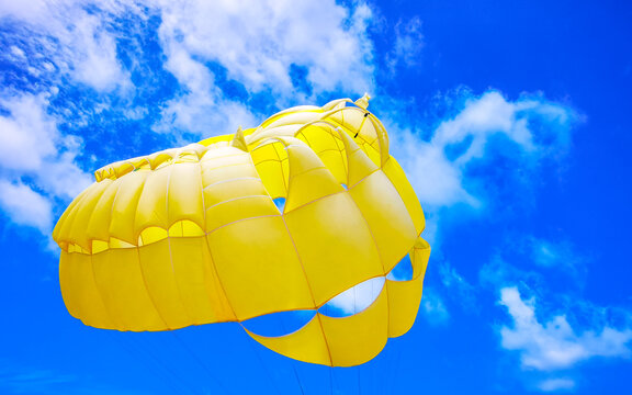 Parasail above tropical beach beneath blue sky and palm trees Karon Phuket Thailand.