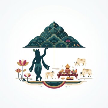 Krishna lifting Govardhan hill vector illustration with cows and offerings for Govardhan Puja.