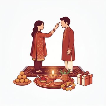 Charming vector illustration of sister putting tilak on brother forehead with puja items.