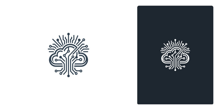 Minimalist Digital Cloud Tree Logo with Circuit Board Lines for Technology Data Solutions and Network Computing Systems