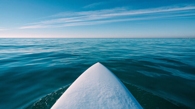 White surfboard nose floating on blue ocean waves under a clear sky with wispy clouds, perfect for surfing adventures.