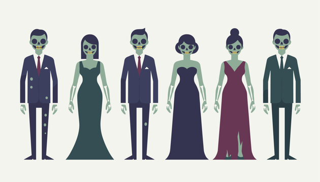 Spooky zombie brides and grooms in formal wedding attire standing in a row for a Halloween celebration.