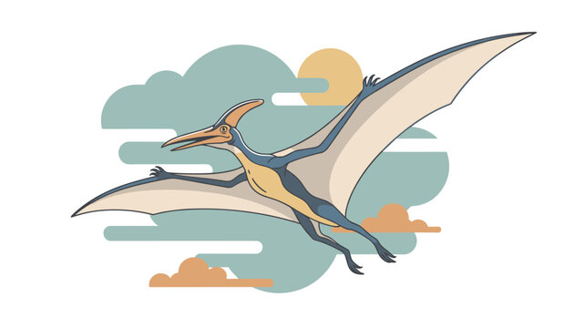 Pterodactyl dinosaur flying gracefully through the prehistoric sky with clouds and sun in the background.