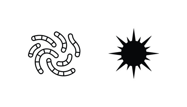 Simple black and white icons representing segmented worms and a sharp starburst symbol on a white background.