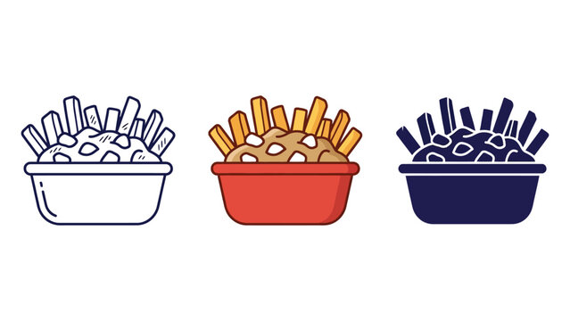 Delicious poutine dishes vector illustration featuring crispy french fries, melted cheese curds, and savory gravy