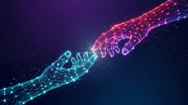 Digital wireframe hands reaching toward each other in abstract space