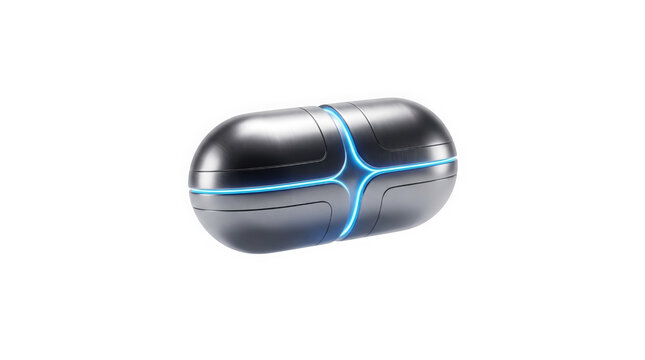 Metallic pill shaped object with glowing blue light center