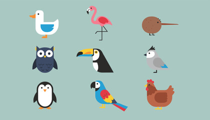 Fototapeta premium Nine cute bird icons in flat design including a duck, flamingo, toucan, owl, penguin, parrot, and chicken.