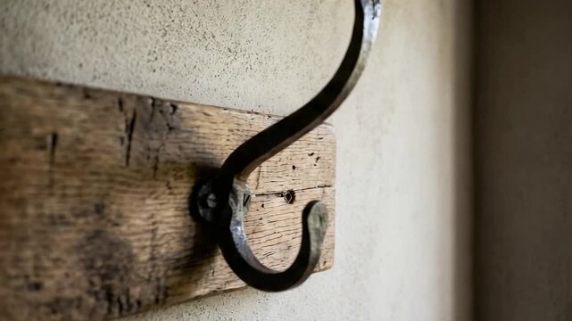 Metal hook attached to an old wooden board on a textured wall  