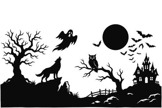 Mysterious spooky Halloween night scene silhouette featuring a howling wolf, a ghostly figure, and an owl perched near a haunted mansion under a full moon with flying bats