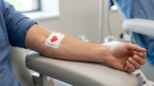 hospital blood donation arm with a bandage featuring a red heart symbol in a clinical setting