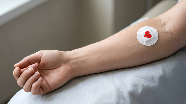 Close-up of a person's arm with a pulse oximeter displaying a heart symbol for health monitoring and medical assessment in