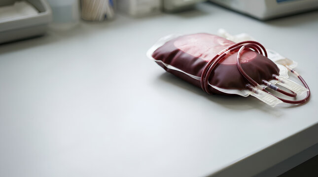 Close-up of a blood bag connected with intravenous tubing lying on a clinical white surface in a medical environment for blood