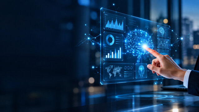 Human hand touching digital glowing ai brain hologram screen with data analytics interface background.