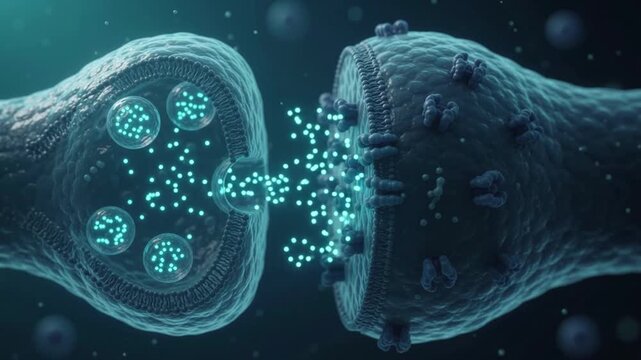 Neuroscience concept illustrating neuron anatomy and synapse with glowing particles transmitting signals between brain cells detailed microscopic view of neural communication and signal transmission