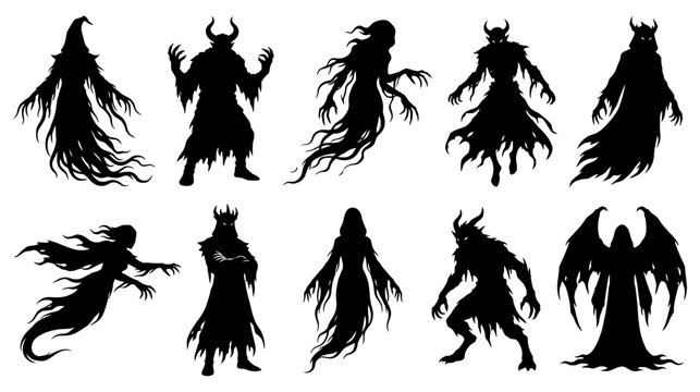 Creepy dark fantasy monster and ghost silhouettes collection, Halloween spooky evil demon and reaper vector set