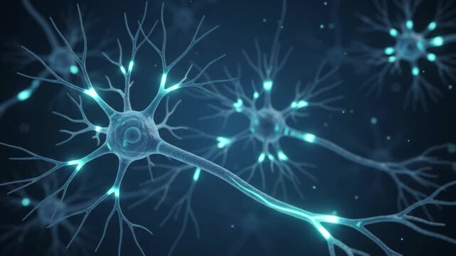 Neuroscience concept revealing neuron anatomy with detailed cell body, branching dendrites, glowing synapses dark background illustrating brain cell communication, neural network, nerve biology