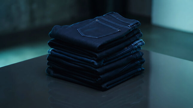 A neat stack of dark blue denim jeans resting on a sleek table surface inside a modern industrial loft