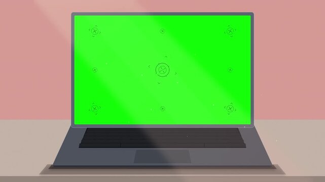 Laptop computer animation with green screen display, tracking markers, desktop workplace