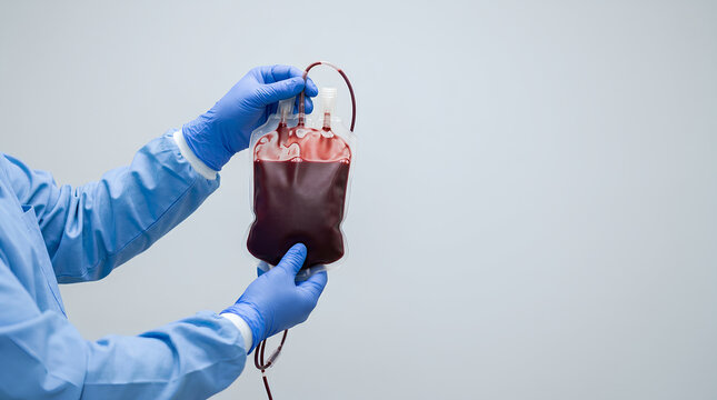 Medical professional handling blood bag with sterile gloves in clinical setting for transfusion or analysis processes