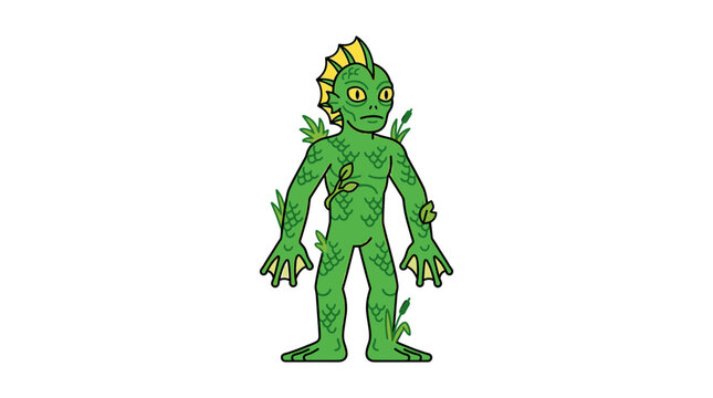 Green swamp monster creature with gills illustration.
