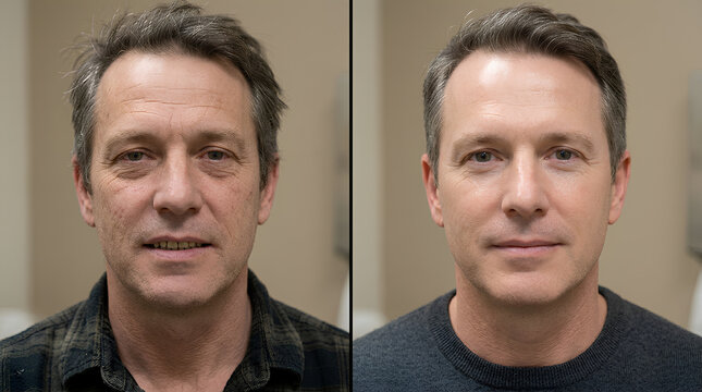 Side-by-side comparison of a middle-aged man with graying hair and a youthful man with darker hair showcasing different facial