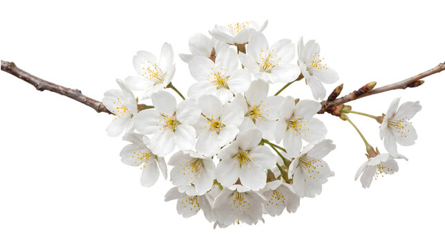 delicate white cherry blossoms blooming on a brown branch for spring themed design layouts and nature background with transparent background