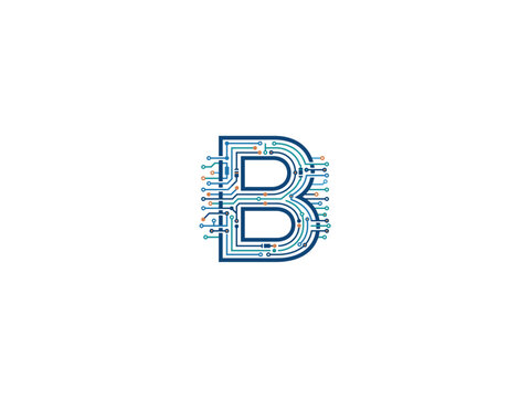 Innovative digital letter B logo design featuring circuit board paths and technology patterns