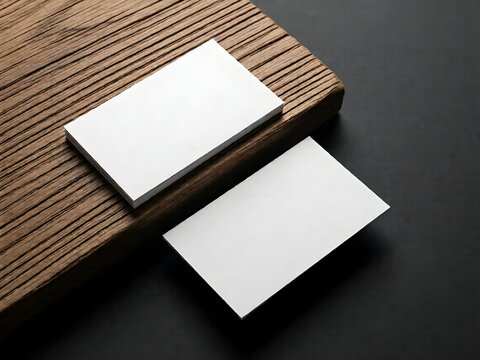 Minimalist Blank Business Card Mockup on Wooden Board and Dark Surface