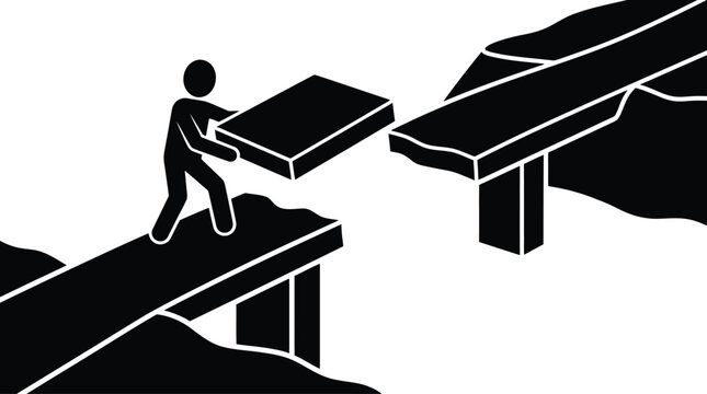 Person building a bridge to close the gap between two broken cliff sides isolated on transparent background, Vector