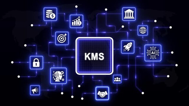 Dynamic knowledge management system kms concept with glowing digital network connections, artificial intelligence data analytics, global business strategy, and futuristic information technology