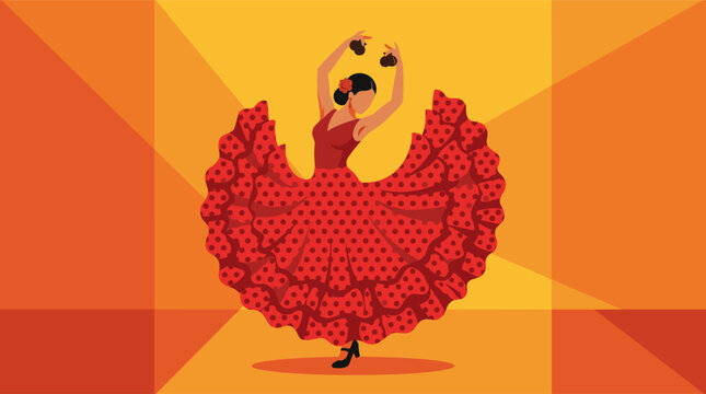 Female flamenco dancer mid-twirl, flat vector illustration