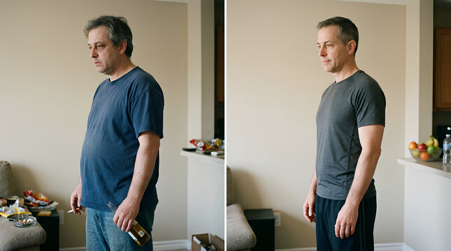 Transformative weight loss journey of middle-aged man showcasing significant body change and improved health and fitness in a