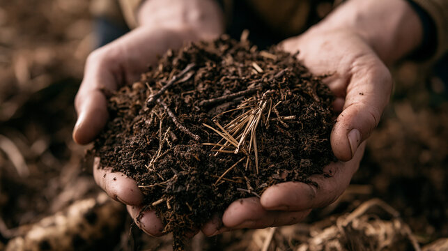 Organic fertile soil held in gardener hands captured in close up shot isolated on white background