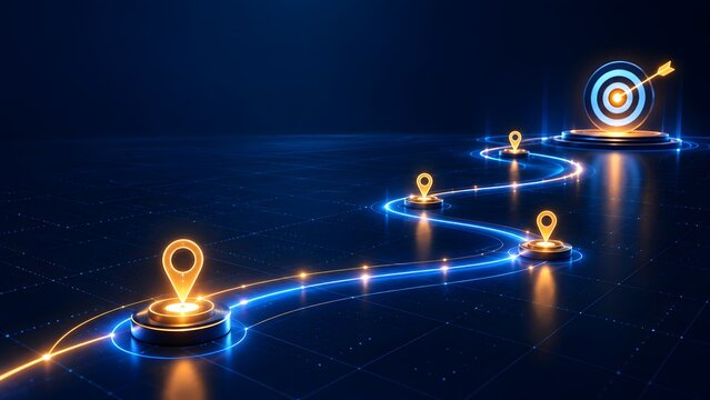 Glowing digital roadmap with golden location pins leading to a bullseye target on a futuristic grid background, representing business strategy, success, milestones, and goal achievement.