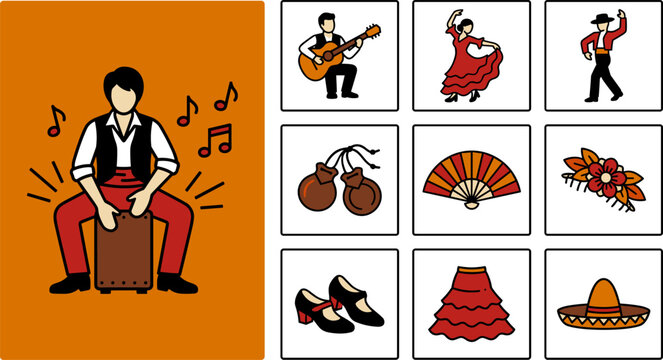 Flamenco musician playing a caj&oacute;n drum with energetic rhythm, vector icon set isolated on white