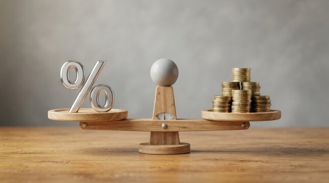 A wooden balance scale displays a percentage sign on one side, balanced by a stack of gold coins and a gray sphere on the other. The scale rests on a wooden table with a blurred gray background.