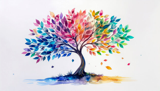 Whimsical watercolor fantasy tree, multicolored foliage, isolated on white, white background
