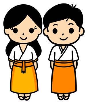 Cute Laotian Couple Wearing Traditional Sinh Dress