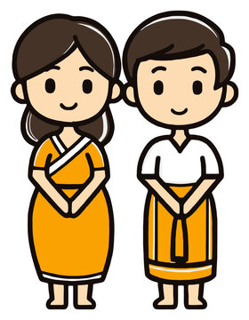 Cute Laotian Couple Wearing Traditional Sinh Dress