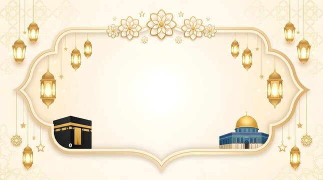 Luxury Isra Mi'raj horizontal background template with gold arch frame, hanging lanterns, Kaaba, Al-Aqsa dome, and delicate ornament patterns.