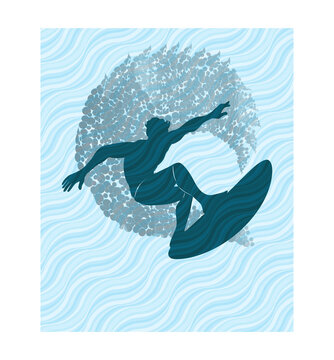  t-shirt print design, illustration of man surfing sea beach t-shirt design. abstract white blue sea green color graphic design for apparel clothing . transparent PNG for light color background.