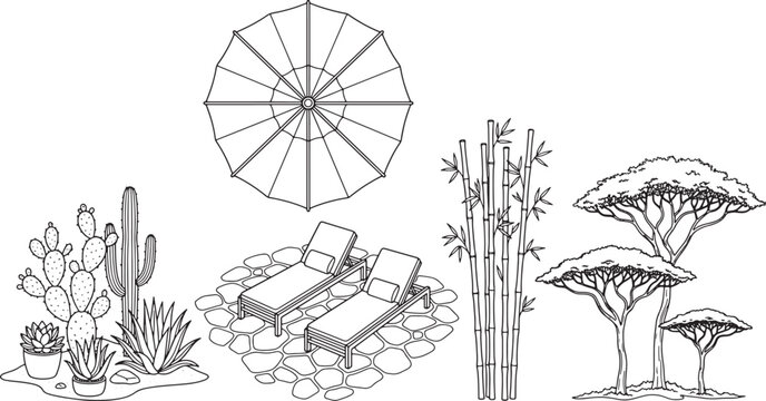 Outdoor Resort Elements Collection with Lounge Chairs and Tropical Plants