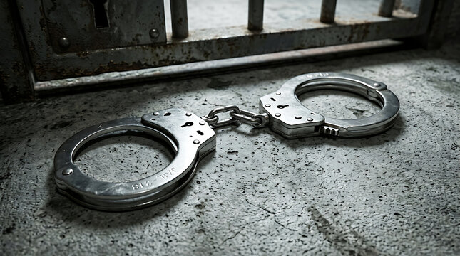 Close-up shot of heavy metallic handcuffs lying on a rough concrete floor inside a gloomy prison cell with dark bars in the background.