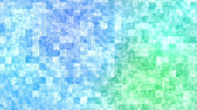 シアンとグリーンのグラデーションに重なるデジタルモザイクグリッドのシームレスループ動画素材 / Digital mosaic grid seamless loop background in cyan green gradient